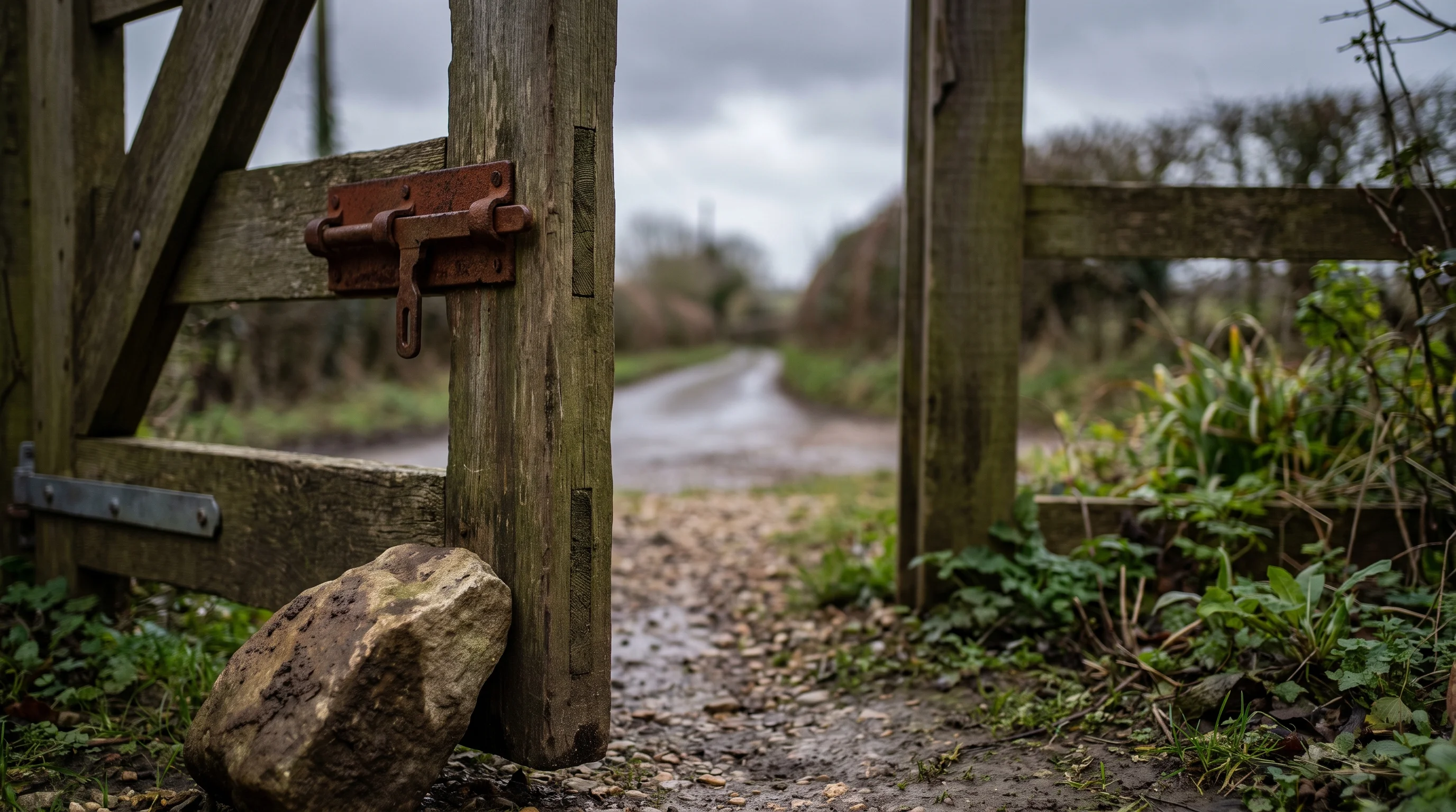 The garden gate from inside the yard, held open with a stone, its rusted latch the colour of old brick and the lane beyond