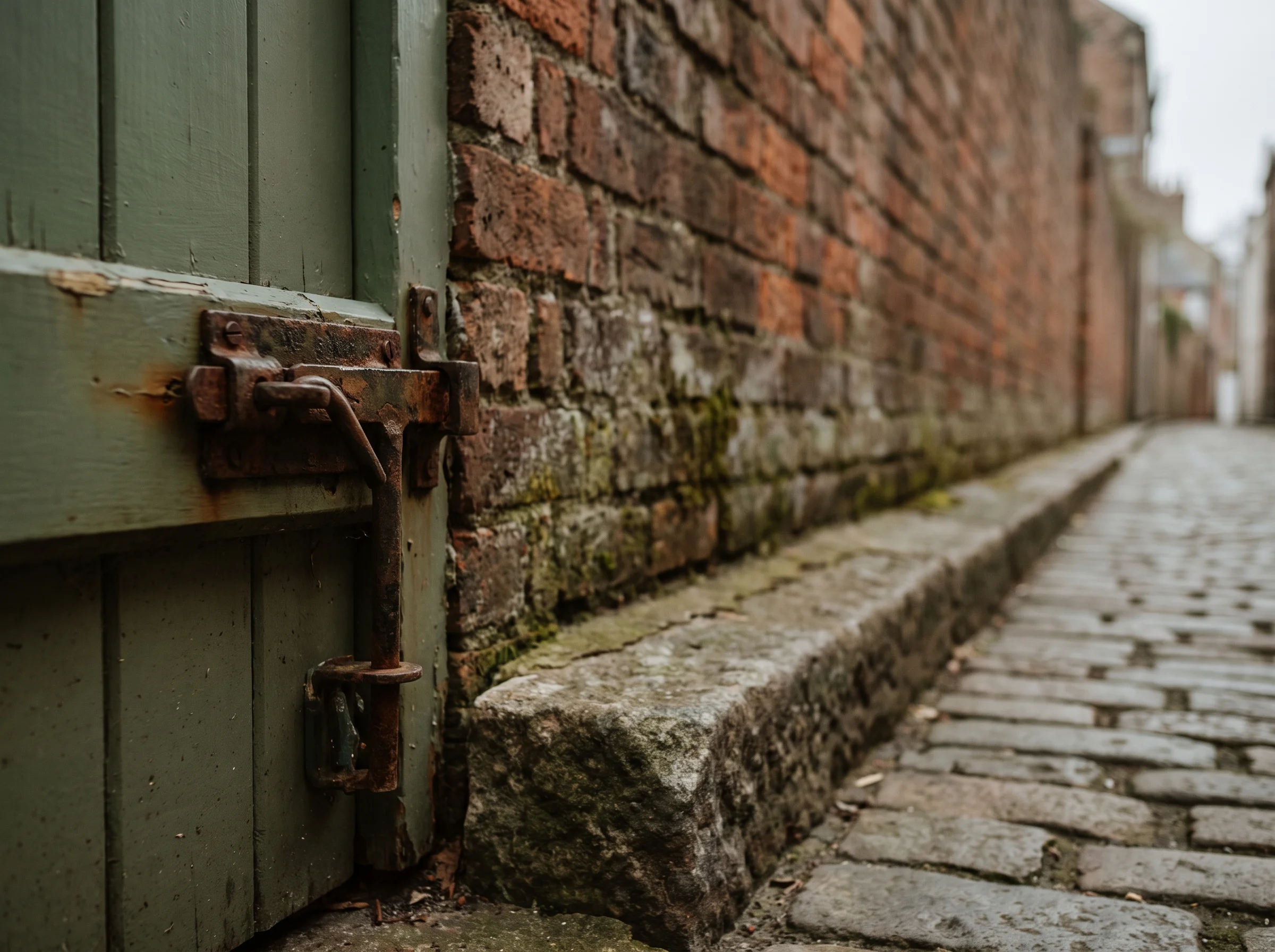 A narrow Bridport lane at knee height, with an old brick wall, painted timber and an iron gate latch sharp in the foreground