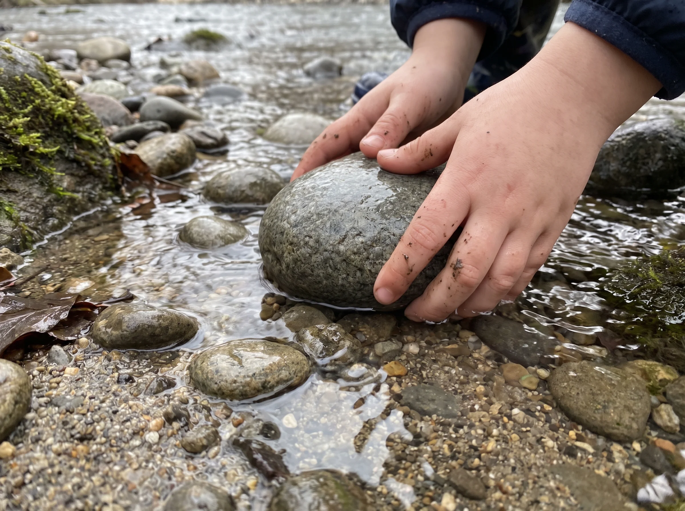 Two small hands turning over a wet river stone above pebbles and shallow clear water at the river's edge