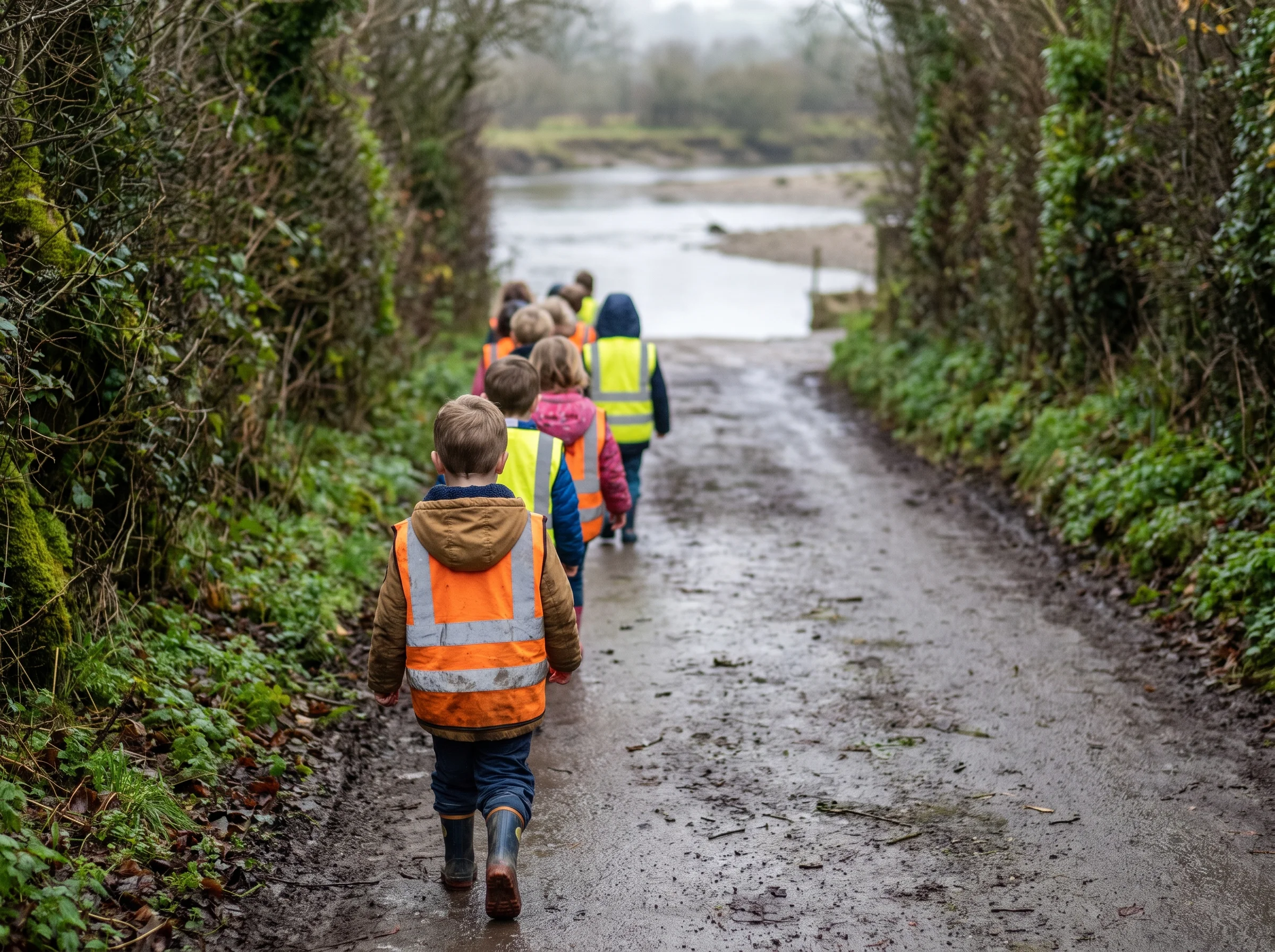 Seen from behind at knee height, a short line of tiny hi-vis tabards and wellies heading down a green lane toward the river