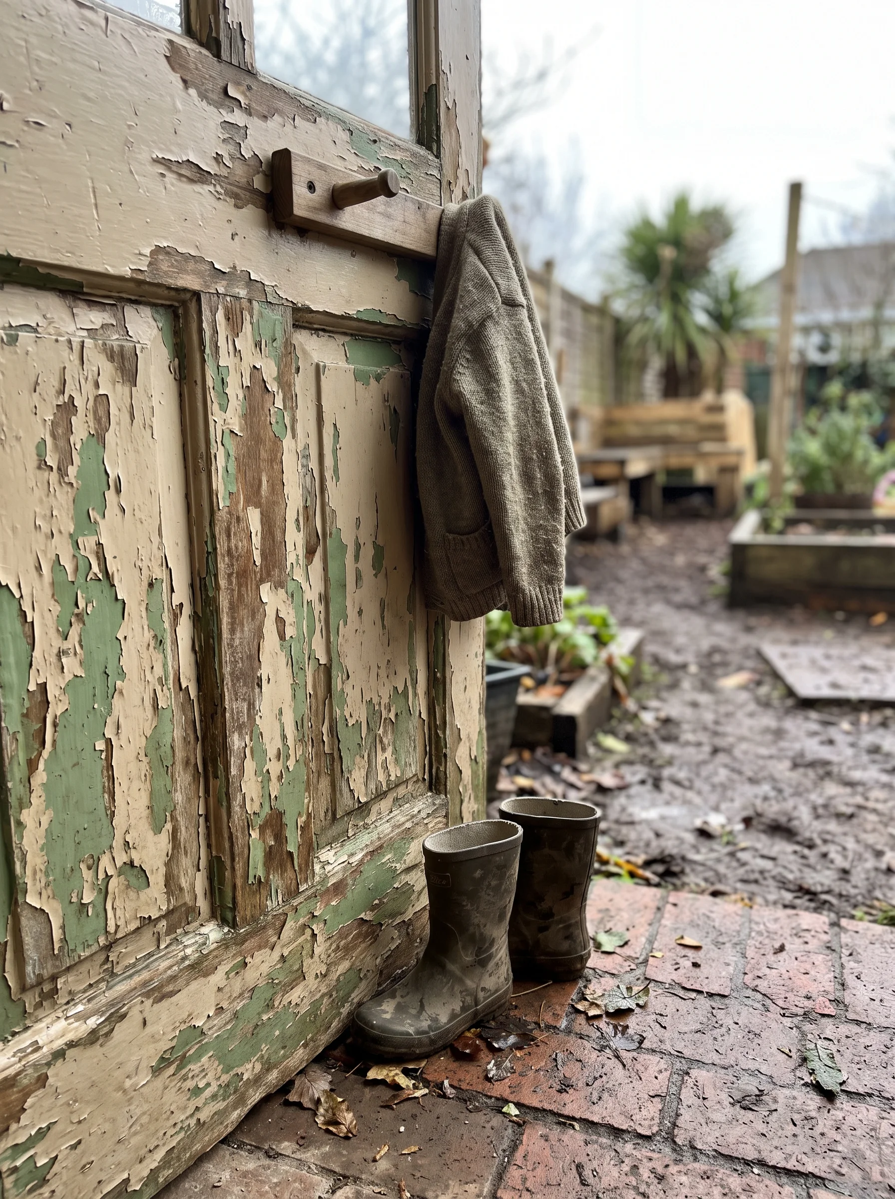A low-angle shot of a weathered, peeling painted wooden door with a small knit cardigan hanging from a wooden peg, and a pair of muddy boots standing on a brick patio in front of a garden.