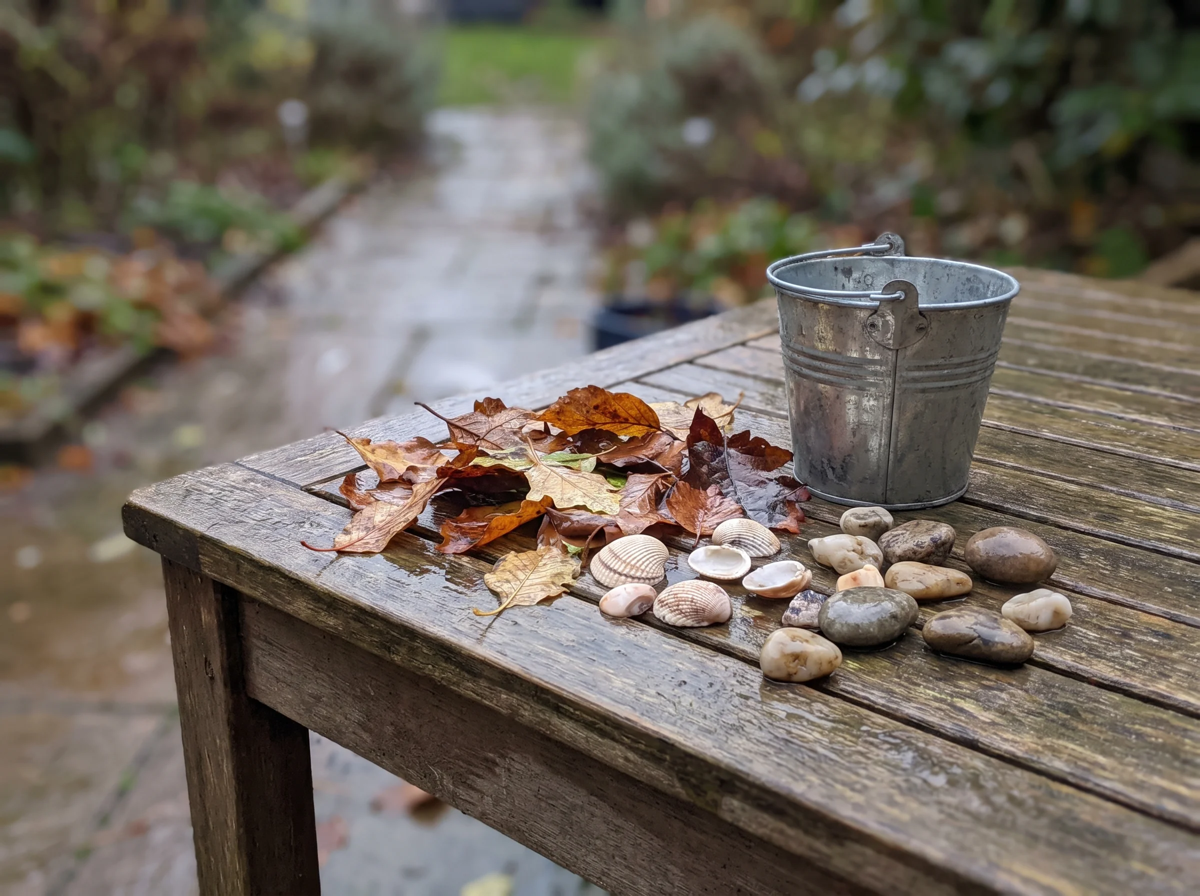 Wet leaves, a snail shell, feathers and pebbles laid out on a low wooden garden table beside a small enamel bucket