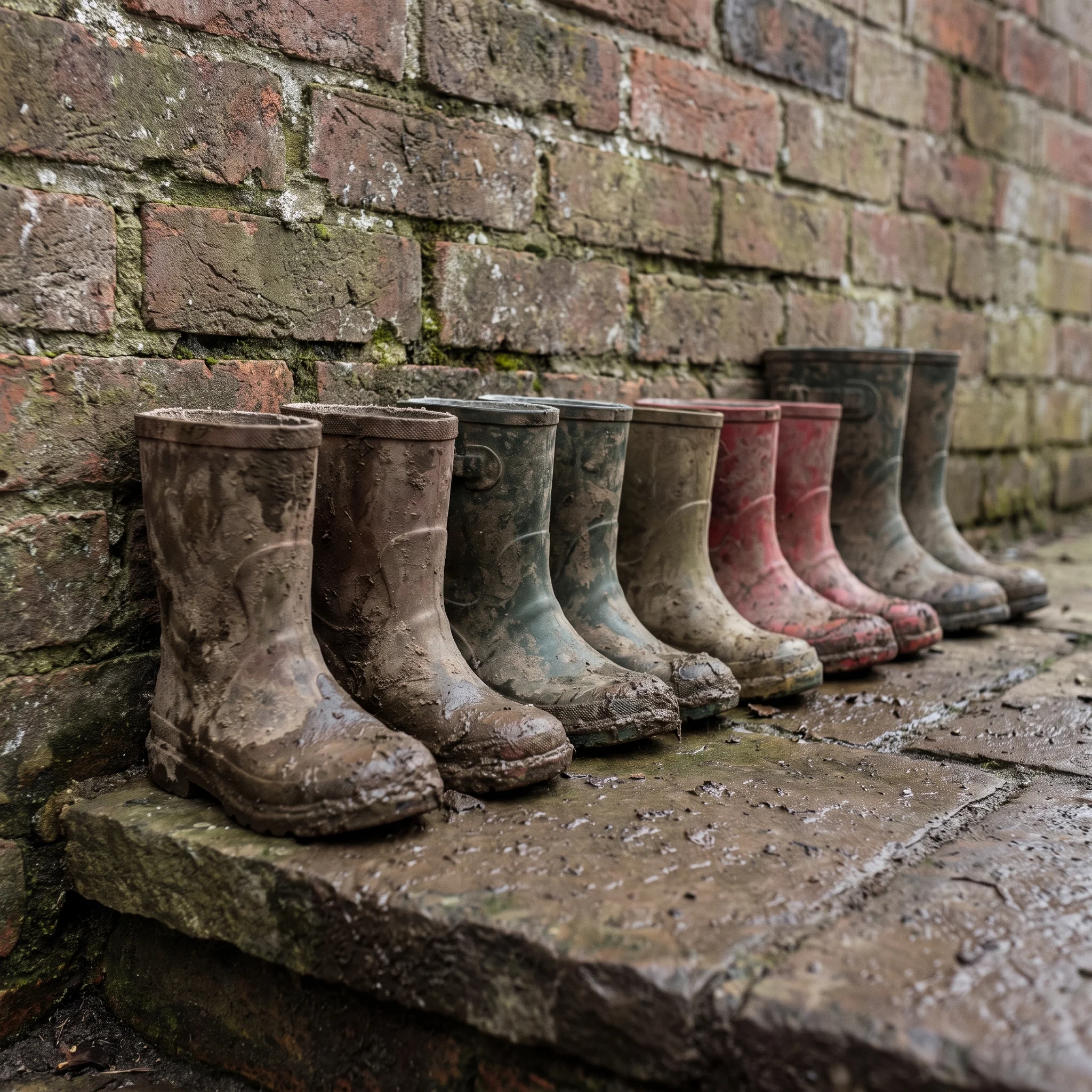 A row of small muddy wellies drying along the foot of the brick garden wall