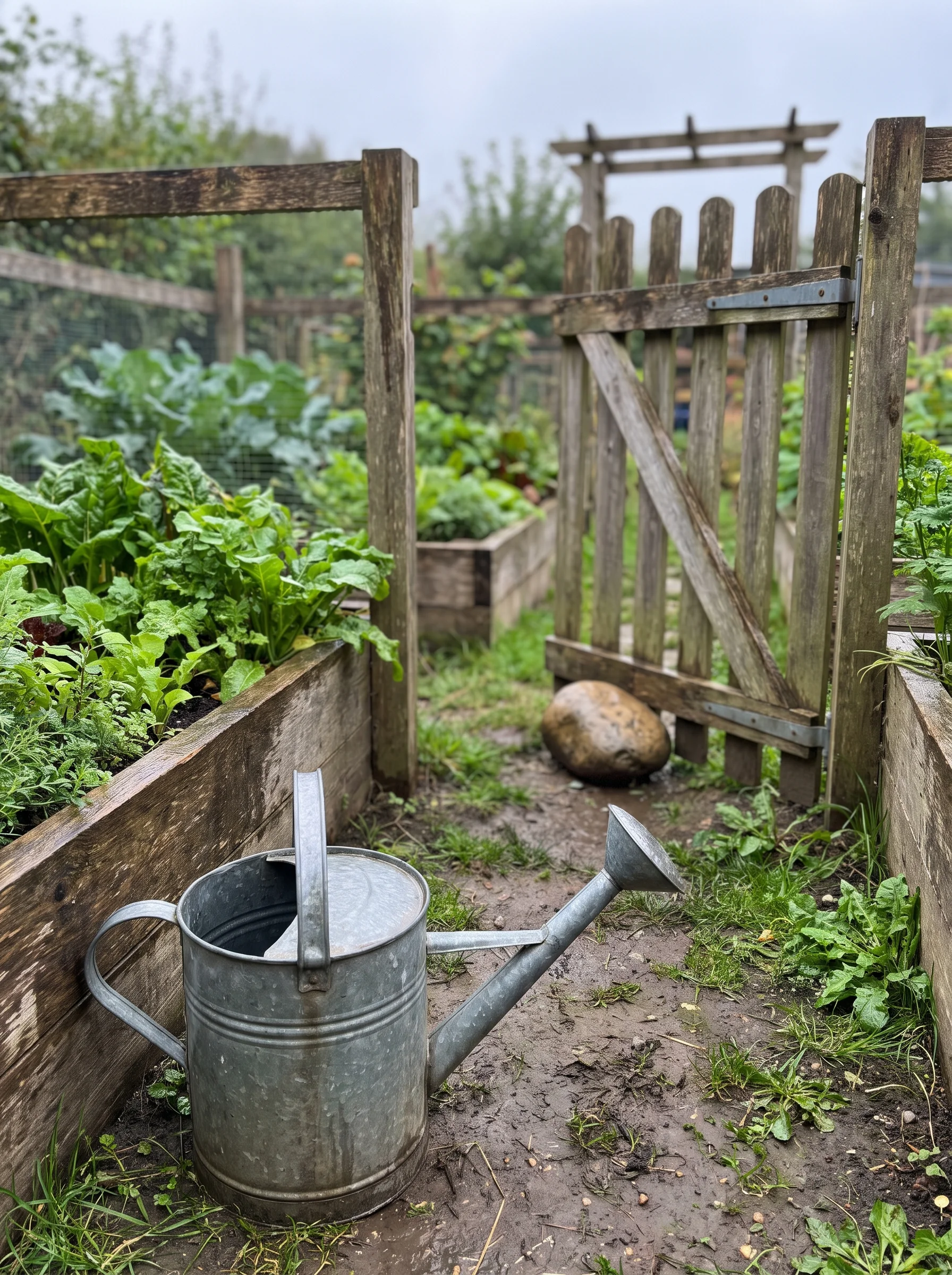 The nursery garden from knee height: raised beds, a tin watering can on a damp brick path and the gate propped open with a stone beyond