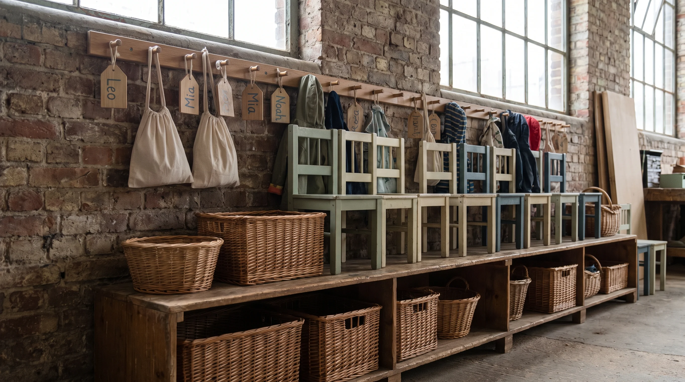 Inside the workshop at knee height: a low wooden shelf of baskets, two small painted chairs and a row of named pegs along an old brick wall