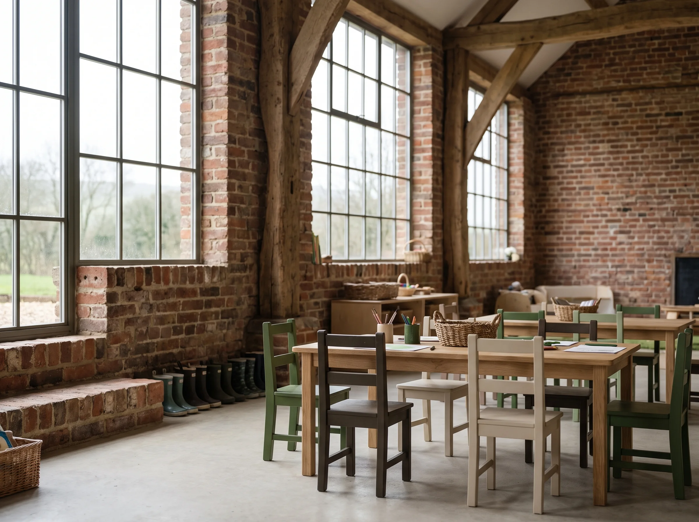 Inside the converted workshop from child height: old brick, timber beams and tall windows, with low wooden tables and small painted chairs in the foreground