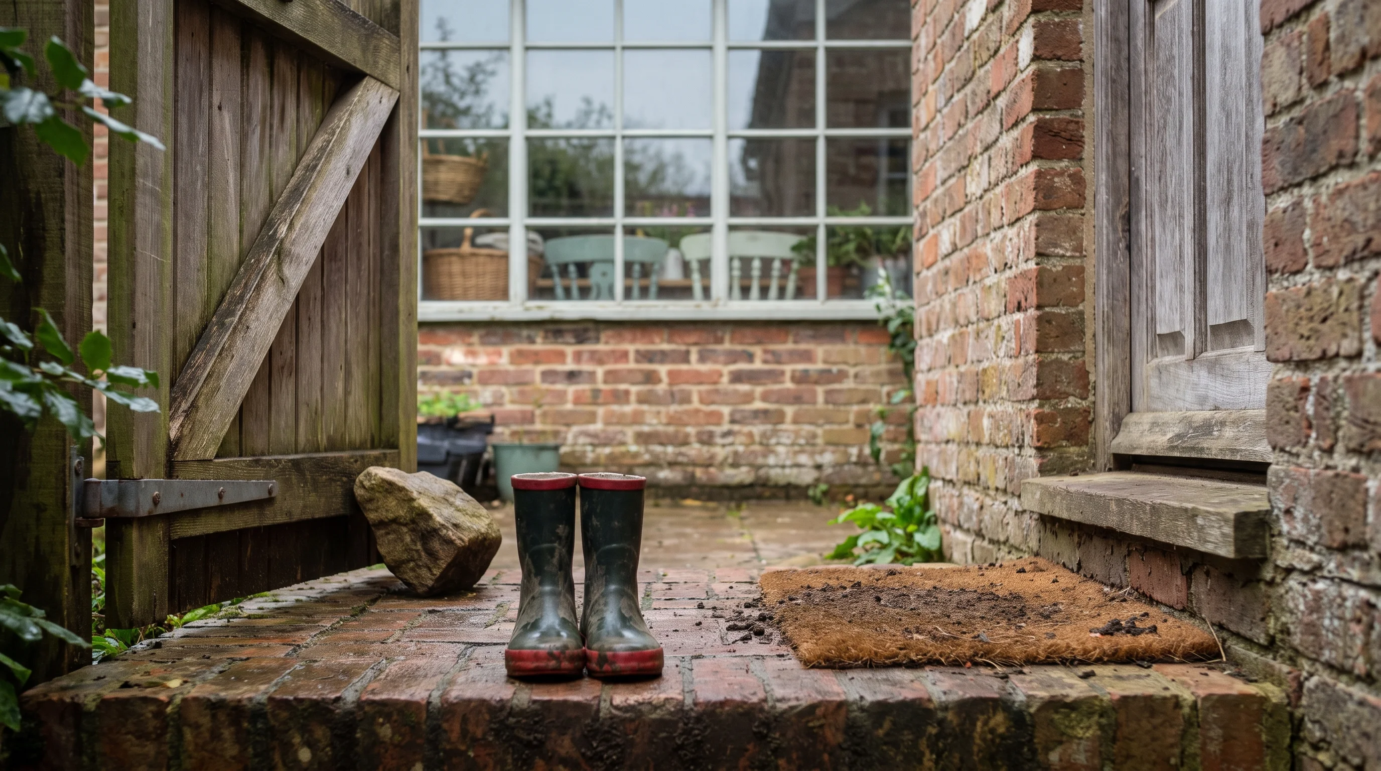 The nursery yard at child height: a timber gate propped open with a stone, a row of small wet wellies on an old brick step and a muddy doormat, with the brick workshop wall and window behind