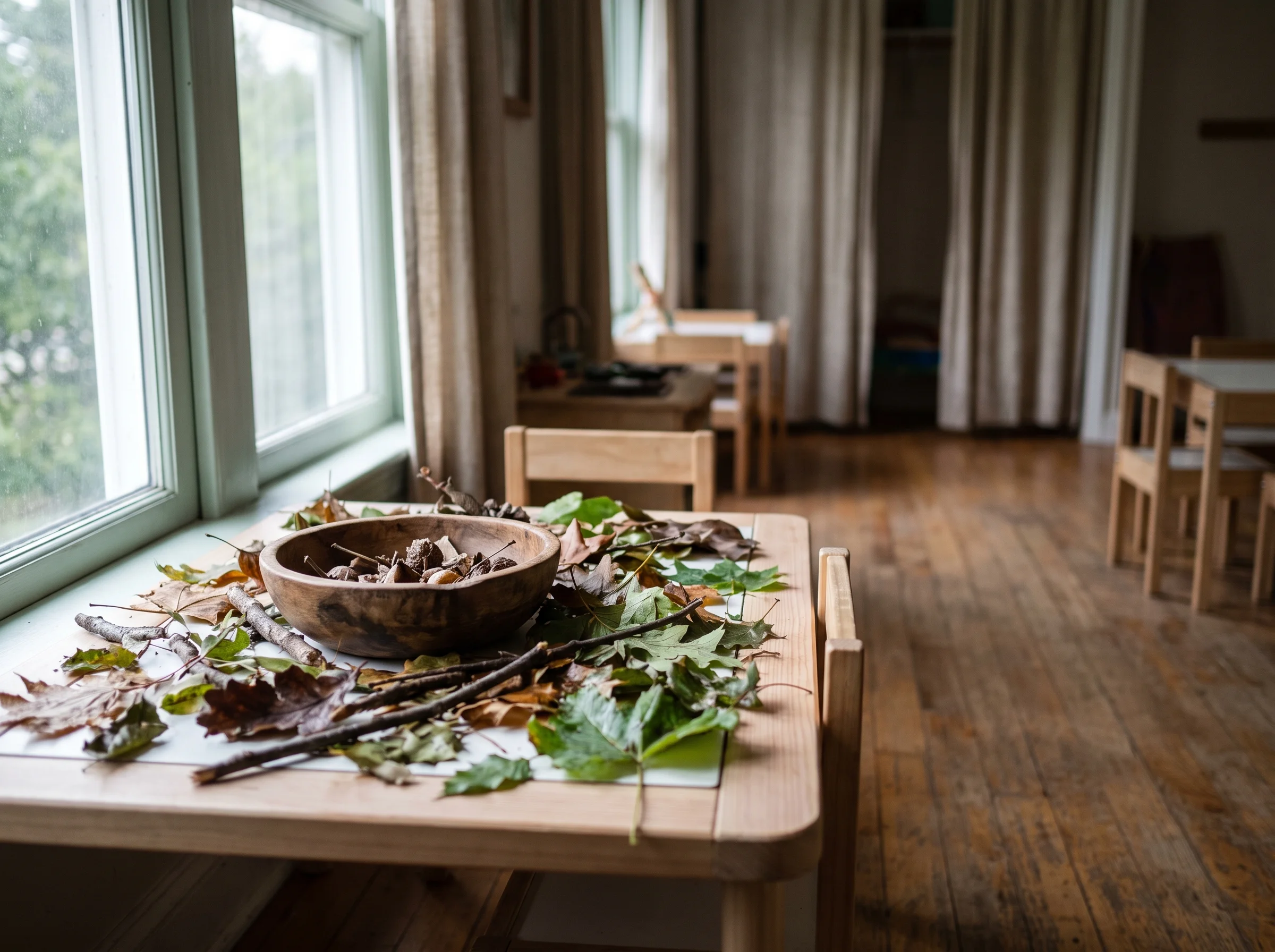 A low table in the older children's room laid with leaves, sticks and a wooden bowl, two small painted chairs pushed in