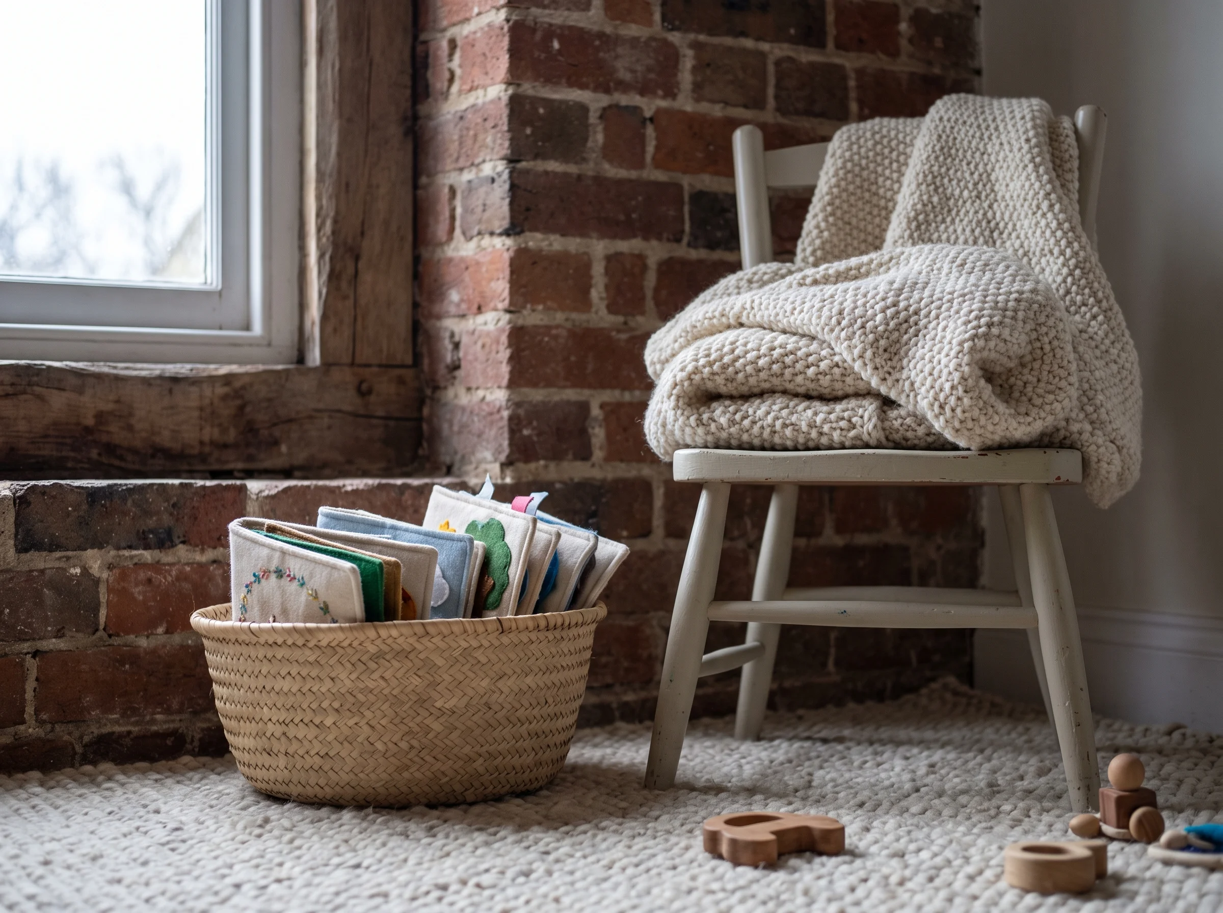 A quiet corner of the baby room: a basket of cloth books and a knitted blanket over a low wooden chair, with old brick behind