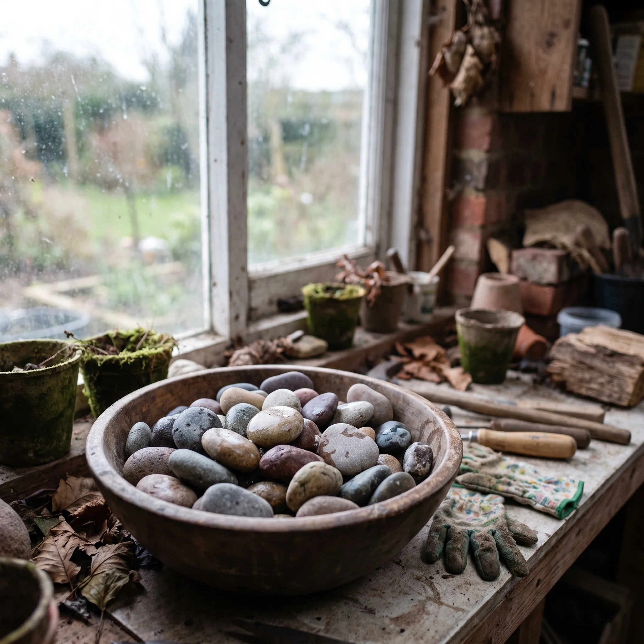 A wooden bowl of smooth wet river stones sitting on a workshop windowsill in grey daylight