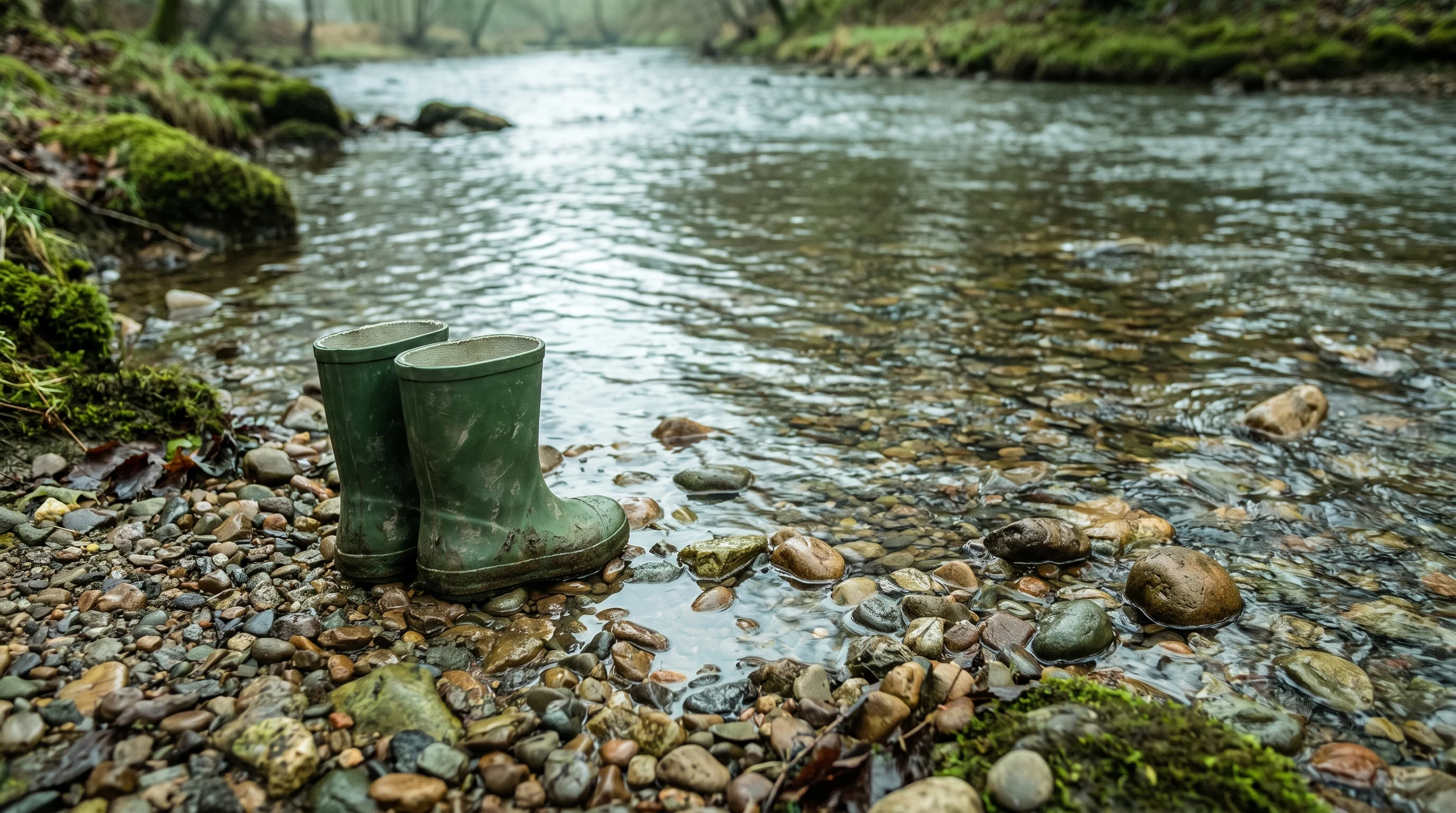 Shallow clear river over pebbles, with two pairs of small wellies standing at the water's edge and a green hedged bank beyond
