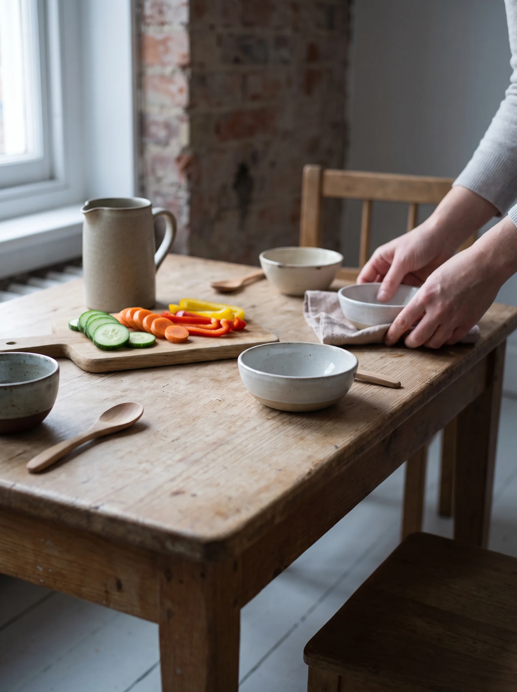 A wooden table set with ceramic bowls, wooden spoons, a jug of water, and a cutting board with sliced vegetables, while hands arrange a bowl.